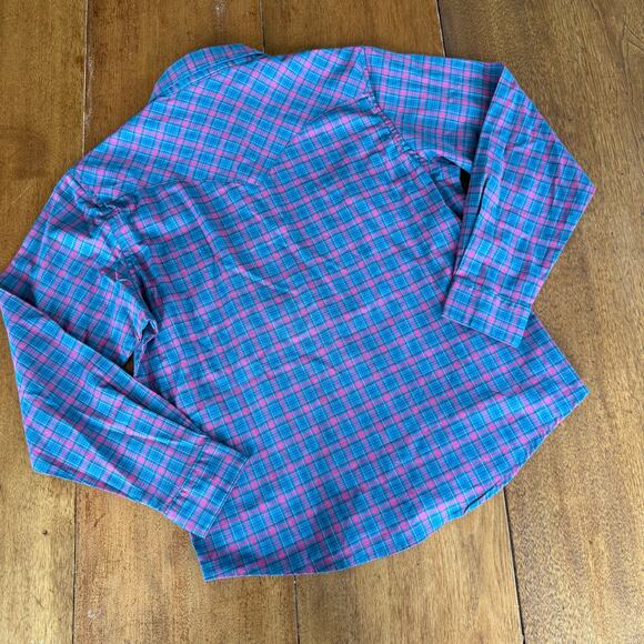 Wrangler Button Down Western Shirt Pearl Snap Plaid Navy Pink Girls XL Rodeo - Picture 4 of 12